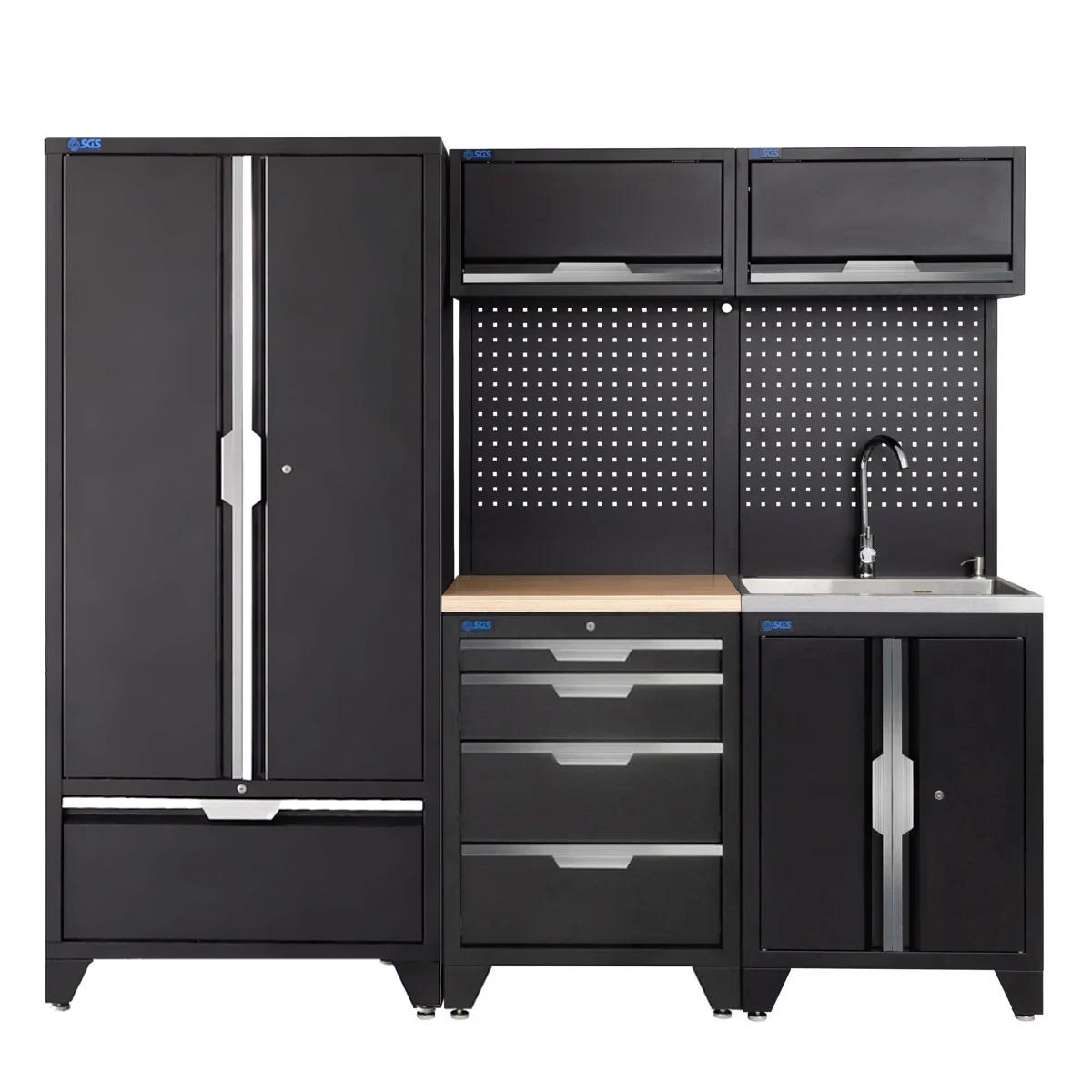 SGS 7pc Garage Storage System | 4 Drawers | Pressed Wood Worktop | Sink Unit | 2x Upper Cabinets | Tall Double Cabinet with Drawer